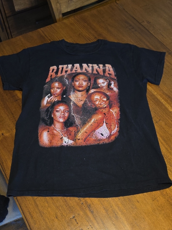 Rihanna Tops - Rihanna Black Tee with Orange-Pink Band Graphic